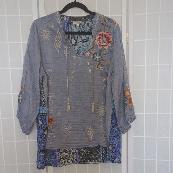 Johnny Was Tops - Johnny Was Umoya Effortless Scarf Back Blouse in Denim Blue